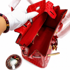Birkin Style 25/30/35 Retourne in Rouge Vif Crocodile-Embossed Leather (Gold Hardware)