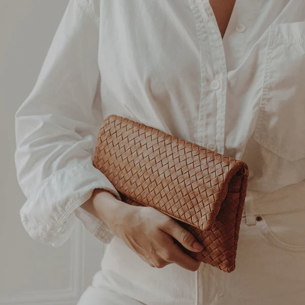 Woven flap envelope clutch